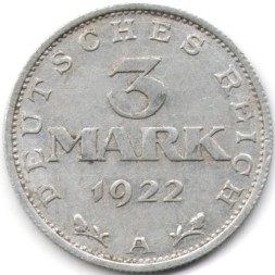 Монета Веймарская республика 3 марки 1922 год (A)