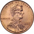 США 1 цент 2007 год - Авраам Линкольн (без отметки МД)