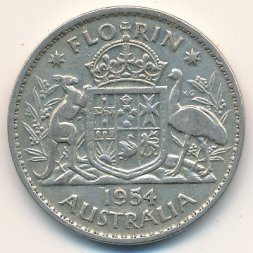Австралия 1 флорин (2 шиллинга) 1954 год - Герб. Кенгуру и страус