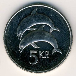 Монета Исландия 5 крон 1996 год - Дельфины