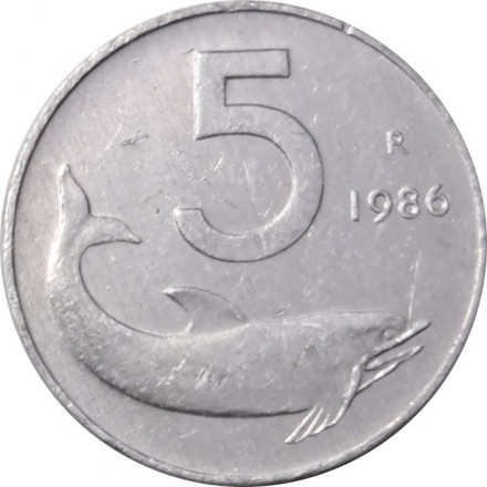 Италия 5 лир 1986 год - Дельфин. Судовой руль