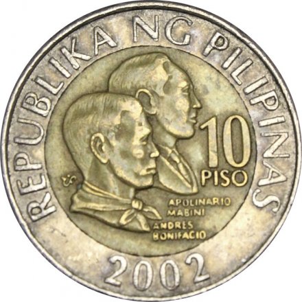 Филиппины 10 песо 2002 год - Мабини и Бонифасио