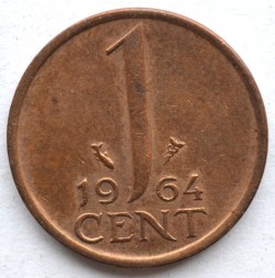 Монета Нидерланды 1 цент 1964 год - Королева Юлиана