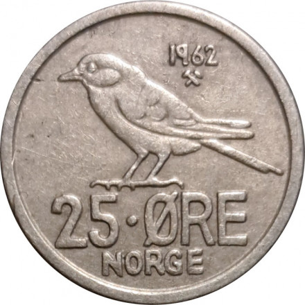 Норвегия 25 эре 1962 год - Король Улаф V. Северная синица