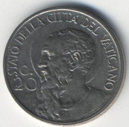 Монета Ватикан 20 чентезимо 1933/1934 год Папа Пий XI