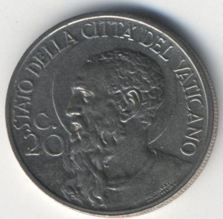 Ватикан 20 чентезимо 1933/1934 год Папа Пий XI