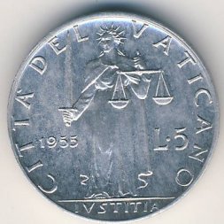 Ватикан 5 лир 1955 год