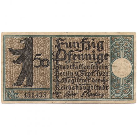 Германия (нотгельд) 50 пфеннигов 1921 год - Серия &quot;Районы Берлина&quot;. Целендорф. Церковь в Далеме 14 века (вид 10) - VF