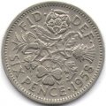 Великобритания 6 пенсов 1958 год - Флора: лук-порей, роза, чертополох и трилистник