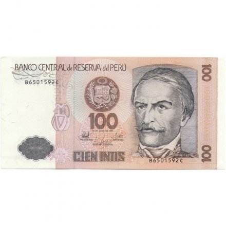 Перу 100 инти 1987 год - Рамон Кастилья. Хлопкопрядение. Герб UNC