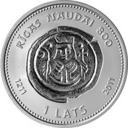 Латвия 1 лат 2011 год - 800 лет первым рижским деньгам