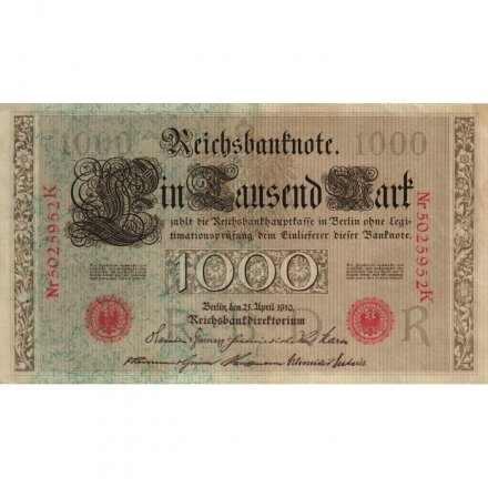 Германия 1000 марок 1910 год (красная печать) - XF