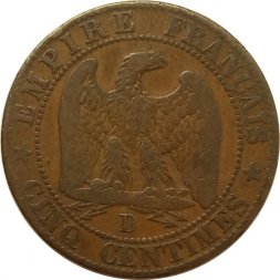 Франция 5 сантимов 1854 год (D)