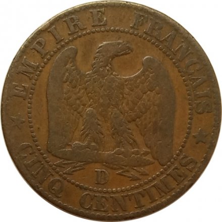 Франция 5 сантимов 1854 год (D)