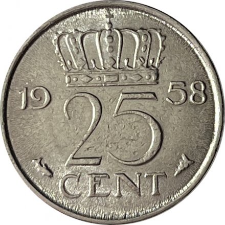 Нидерланды 25 центов 1958 год