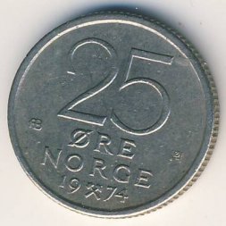 Норвегия 25 эре 1974 год - Король Улаф V