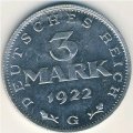 Веймарская республика 3 марки 1922 год (G)