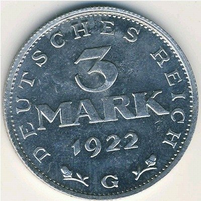 Веймарская республика 3 марки 1922 год (G)