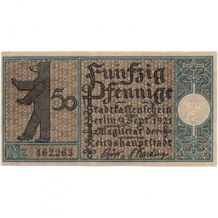 Германия (нотгельд) 50 пфеннигов 1921 год - Серия &quot;Районы Берлина&quot;. Шарлоттенбург. Берлинская улица в Шарлоттенбурге около 1820 года (вид 7) - aUNC