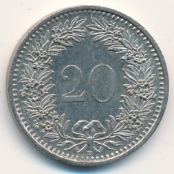 Швейцария 20 раппенов 1992 год