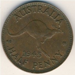 Австралия 1/2 пенни 1943 год - Король Георг V. Кенгуру (точка перед и после "PENNY")