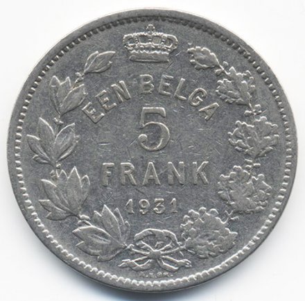 Бельгия 5 франков 1931 год - Король Альберт I (DER BELGEN)