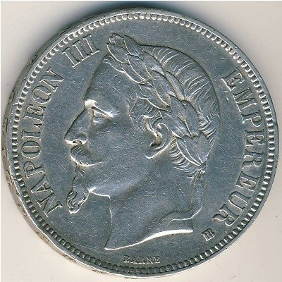 Франция 5 франков 1867 год (BB)