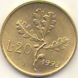 Италия 20 лир 1993 год