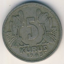 Турция 5 куруш 1943 год