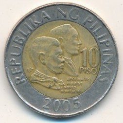 Филиппины 10 песо 2005 год Мабини и Бонифасио
