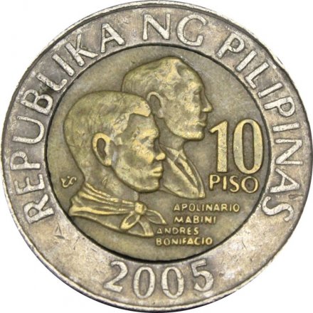 Филиппины 10 песо 2005 год Мабини и Бонифасио