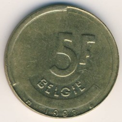 Бельгия 5 франков 1993 год BELGIE