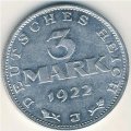 Веймарская республика 3 марки 1922 год (J)