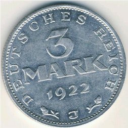 Веймарская республика 3 марки 1922 год (J)