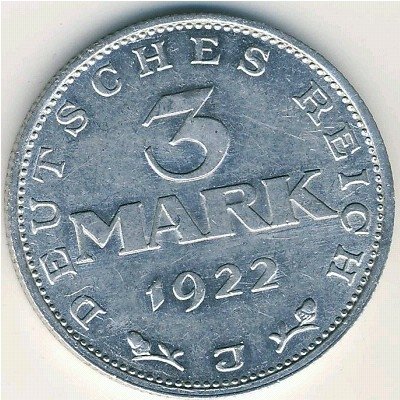 Веймарская республика 3 марки 1922 год (J)