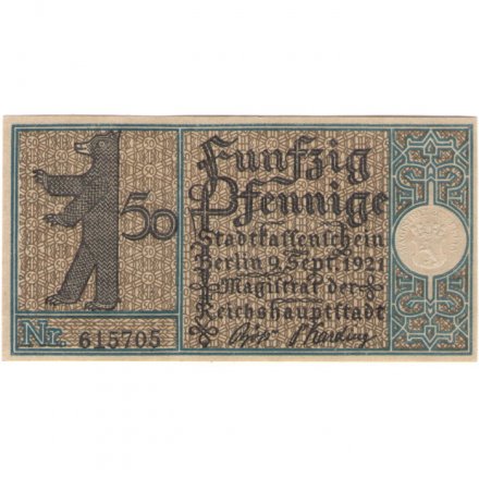 Германия (нотгельд) 50 пфеннигов 1921 год - Серия &quot;Районы Берлина&quot;. Кройцберг. Галльские ворота в Сахре в 1845 г. (вид 6) - UNC