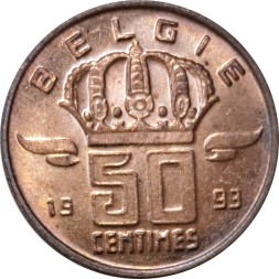 Бельгия 50 сантимов 1993 год BELGIE