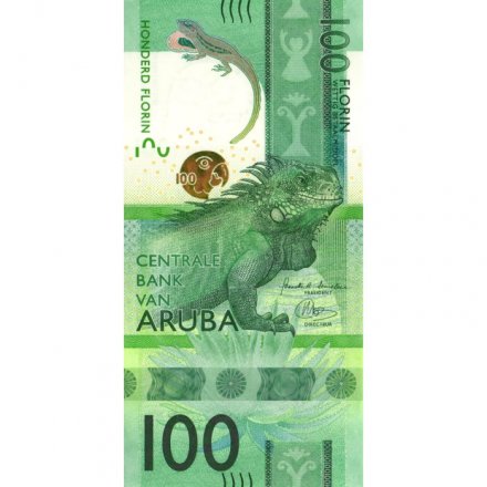 Аруба 100 флоринов 2019 год - Игуана, полосатый анол и алоэ UNC
