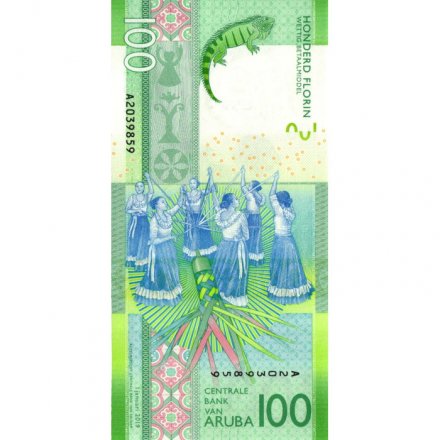 Аруба 100 флоринов 2019 год - Игуана, полосатый анол и алоэ UNC