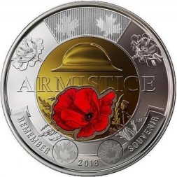 Канада 2 доллара 2018 год - 100 лет со дня окончания Первой Мировой войны (Цветная)