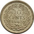 Нидерланды 10 центов 1943 год (портрет на аверсе, серебро)