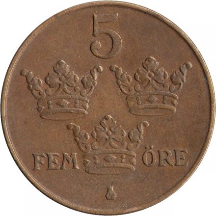 Швеция 5 эре 1936 год (6 - короткий хвостик)
