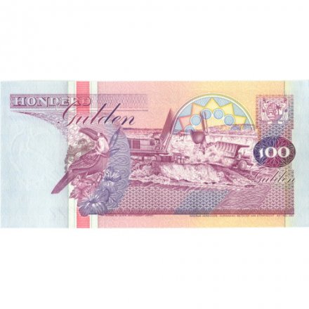 Суринам 100 гульденов 1991 год - Здание Центрального банка. Добыча полезных ископаемых UNC