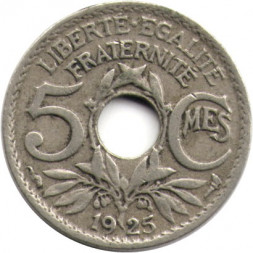 Франция 5 сантимов 1925 год (Новый тип: Отверстие в центре)