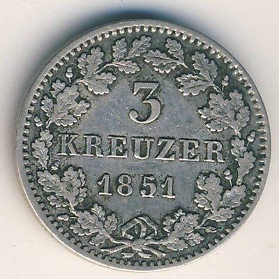 Бавария 3 крейцера 1851 год