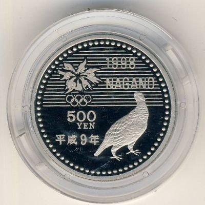 Япония 500 йен 1997 (Yr. 9) год - XVIII зимние Олимпийские Игры, Нагано 1998. Сноуборд (Proof)