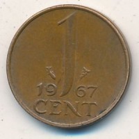 Монета Нидерланды 1 цент 1967 год - Королева Юлиана