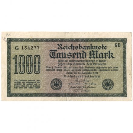Веймарская Республика 1000 марок 1922 год - Черный номер - F
