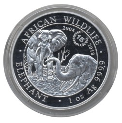 Монета Сомали 100 шиллингов 2018 год - 15 лет монете Африканский слон