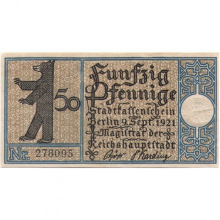 Германия (нотгельд) 50 пфеннигов 1921 год - Серия &quot;Районы Берлина&quot;. Пренцлауэр-Берг. Мюленберг перед воротами Пренцлауэра в 1822 году (вид 4) - UNC